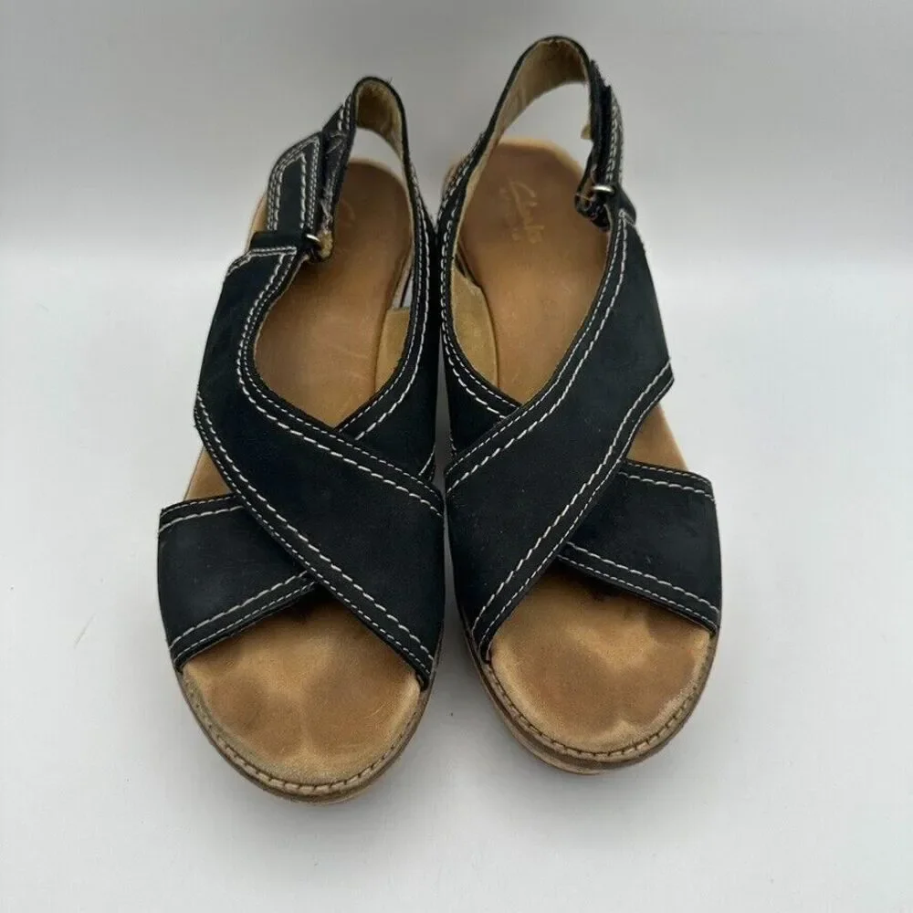 Clarks Artisan Women's Annadel Eirwyn Wedge Sandal‎ Size 7.5M Black Suede 38 EU